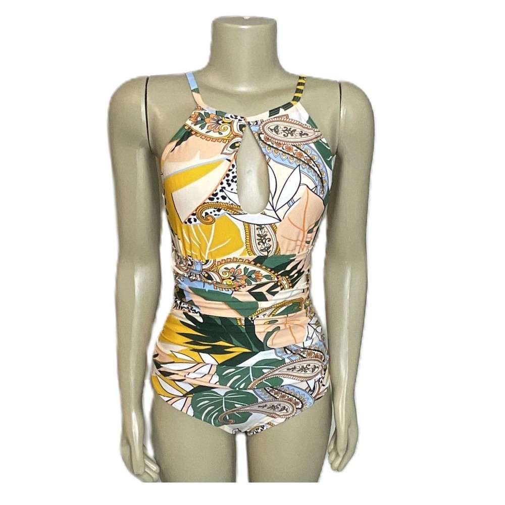 Ellen Tracy Tropical Paisley Keyhole One Piece Swimsuit, Size 8 NWOT